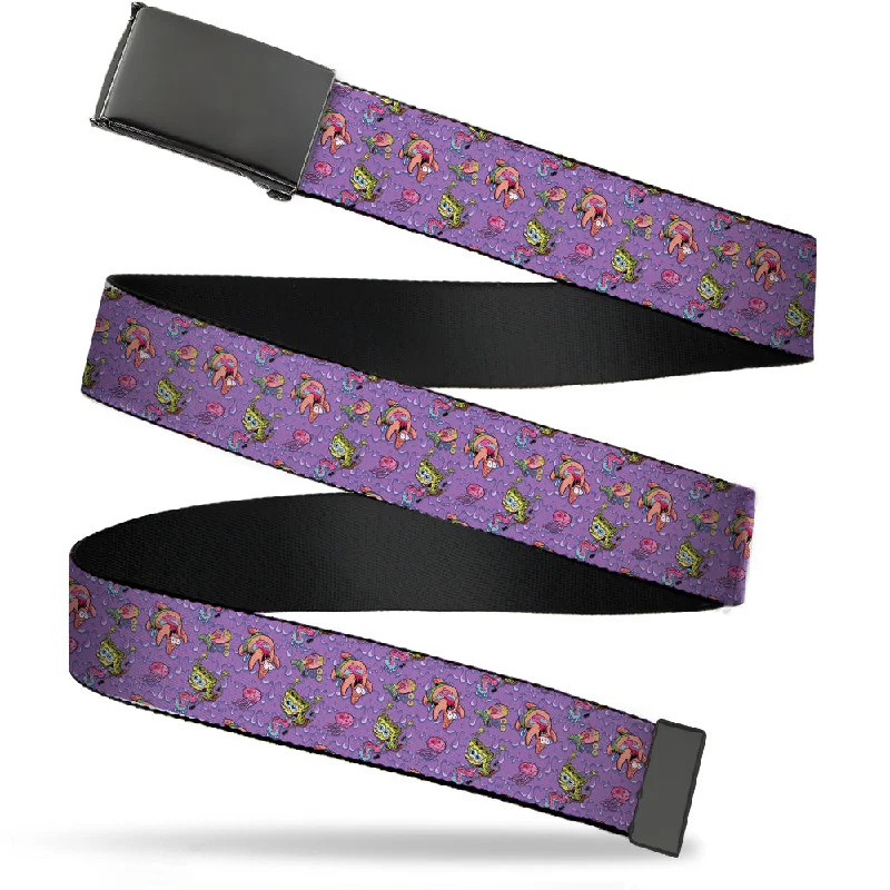 Vintage denim blue belt-Web Belt Blank Black Buckle - SpongeBob Funky Character Slime Collage Purples Webbing