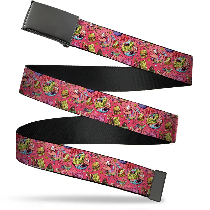 Wide genuine leather belt-Web Belt Blank Black Buckle - SpongeBob Funky Character Swirl Collage Pinks Webbing