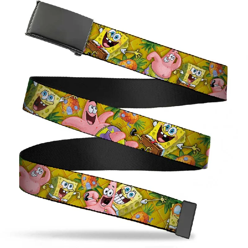 Wide canvas utility belt-Web Belt Blank Black Buckle - SpongeBob & Patrick Starfish Poses Pineapple Gold Webbing