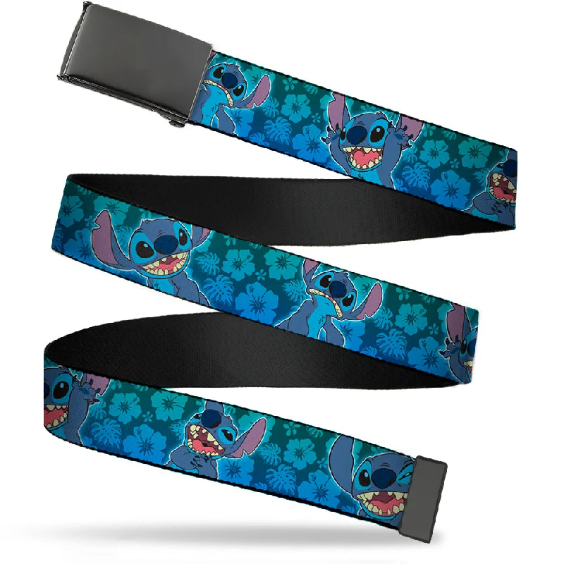 Classic leather black belt-Web Belt Blank Black Buckle - Stitch Expressions/Hibiscus Collage Green-Blue Fade Webbing