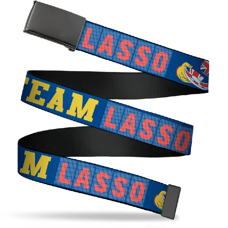 Rustic brown canvas belt-Web Belt Blank Black Buckle - Ted Lasso TEAM LASSO Tea Time Icon Blue/Yellow/Red Webbing