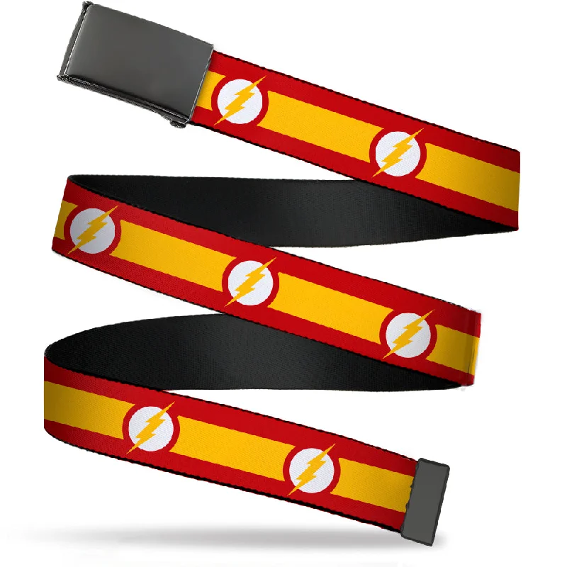 Slim leather studded belt-Web Belt Blank Black Buckle - The Flash Logo7/Stripe Red/White/Yellow Webbing