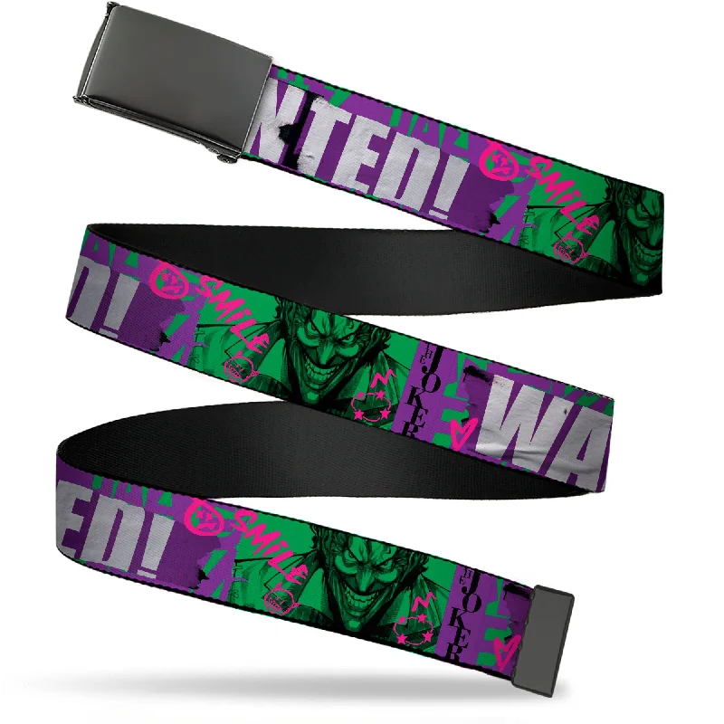 Wide nylon studded belt-Web Belt Blank Black Buckle - THE JOKER WANTED Smiling Pose and Graffiti Purples/Greens Webbing