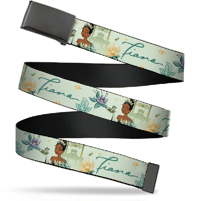 Vintage cotton military belt-Web Belt Blank Black Buckle - The Princess and the Frog Tiana Palace Pose with Script and Flowers Greens Webbing