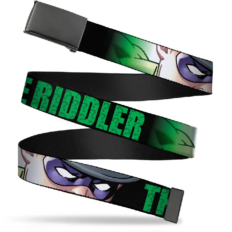 Contemporary woven nylon buckle-Web Belt Blank Black Buckle - THE RIDDLER/Face CLOSE-UP Black/Green Webbing