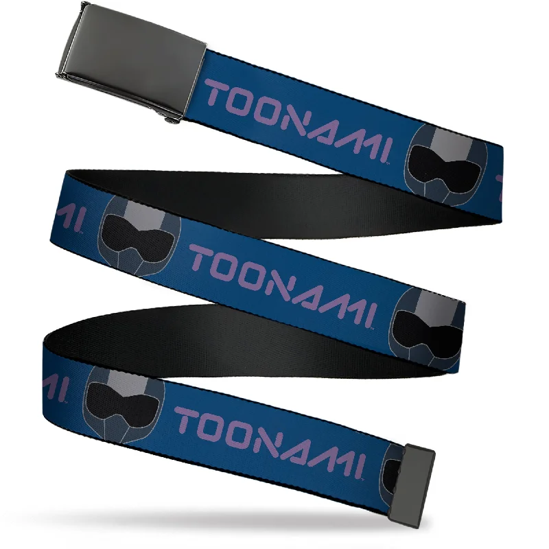 Modern gold patent belt-Web Belt Blank Black Buckle - TOONAMI Title Logo and Robot TOM Head Blue/Purple/Grays Webbing