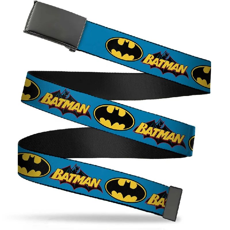 Handcrafted corduroy gray belt-Web Belt Blank Black Buckle - Vintage Batman Logo & Bat Signal Blue Webbing