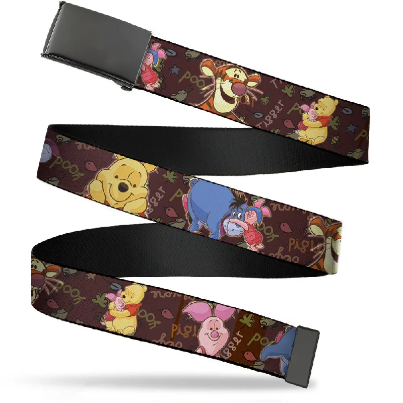 Wide leather cowboy belt-Web Belt Blank Black Buckle - Winnie the Pooh Character Poses Webbing