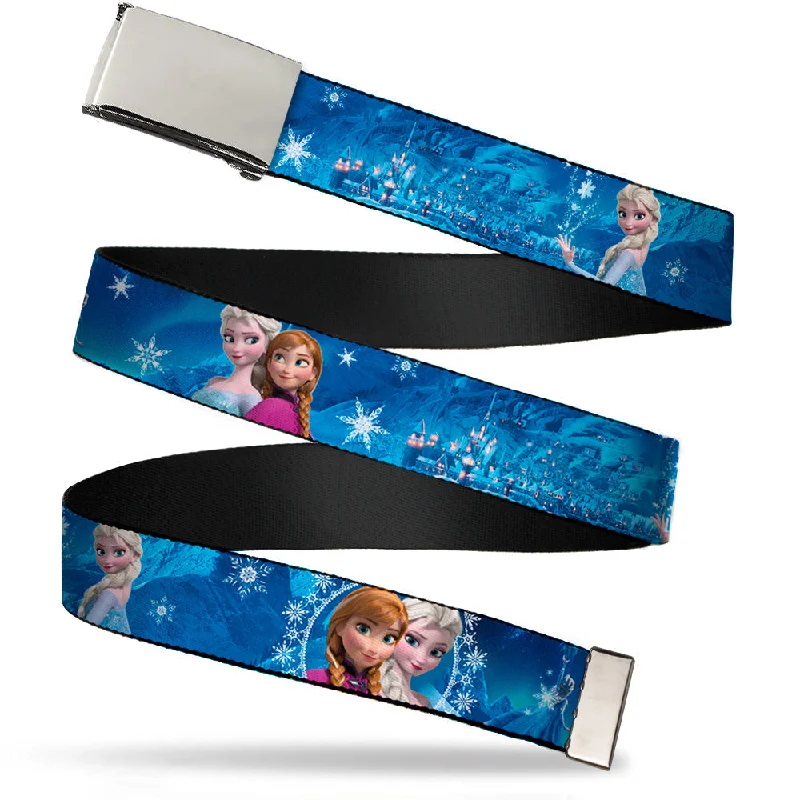 Modern black leather belt-Web Belt Blank Chrome Buckle - Anna & Elsa Poses/Castle & Mountains Blues Webbing