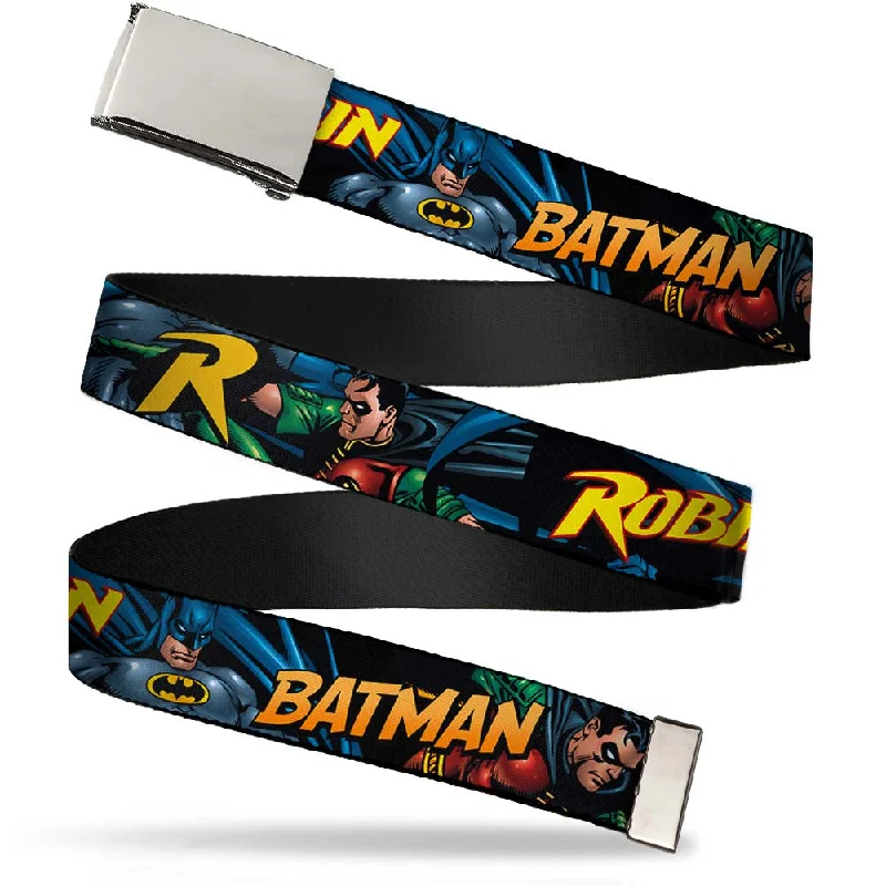 Contemporary elastic floral belt-Web Belt Blank Chrome Buckle - Batman & Robin in Action w/Text Black Webbing