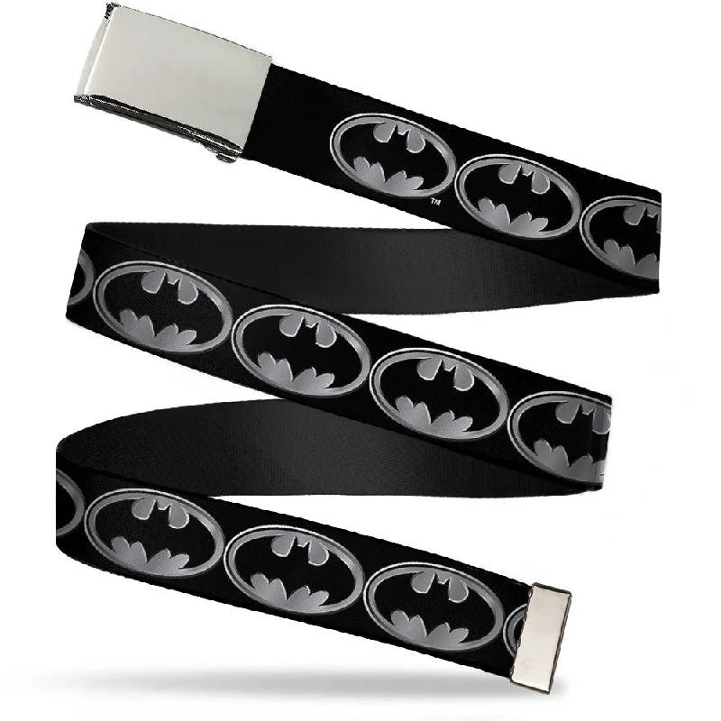 Minimalist white suede belt-Web Belt Blank Chrome Buckle - Batman Shield Black/Silver Webbing