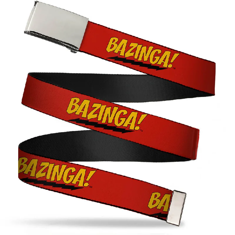 Slim patent studded belt-Web Belt Blank Chrome Buckle - BAZINGA! Red/Gold/Black Webbing