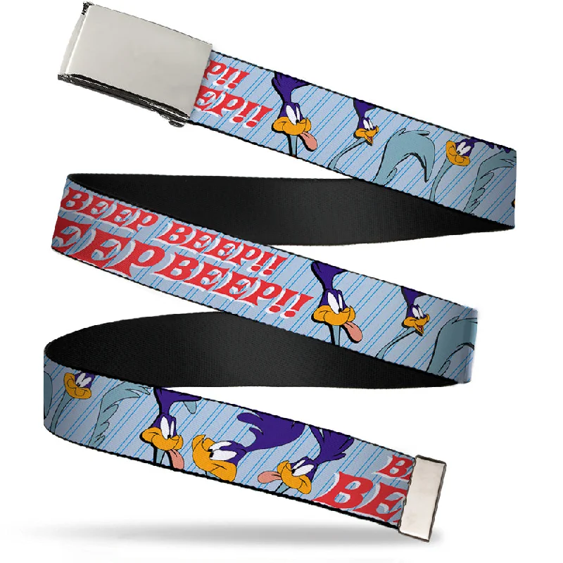 Minimalist gray leather belt-Web Belt Blank Chrome Buckle - MEEP MEEP!! w/Road Runner Poses Baby Blue Webbing