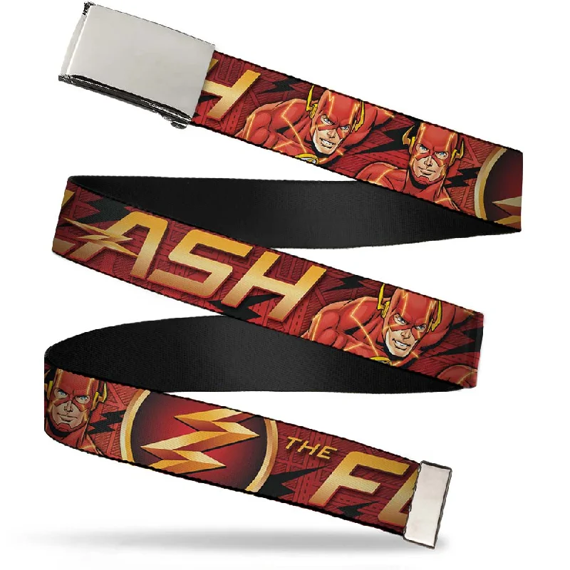 Unique vintage gold belt-Web Belt Blank Chrome Buckle - THE FLASH/Logo3/Poses Black/Red/Gold Webbing