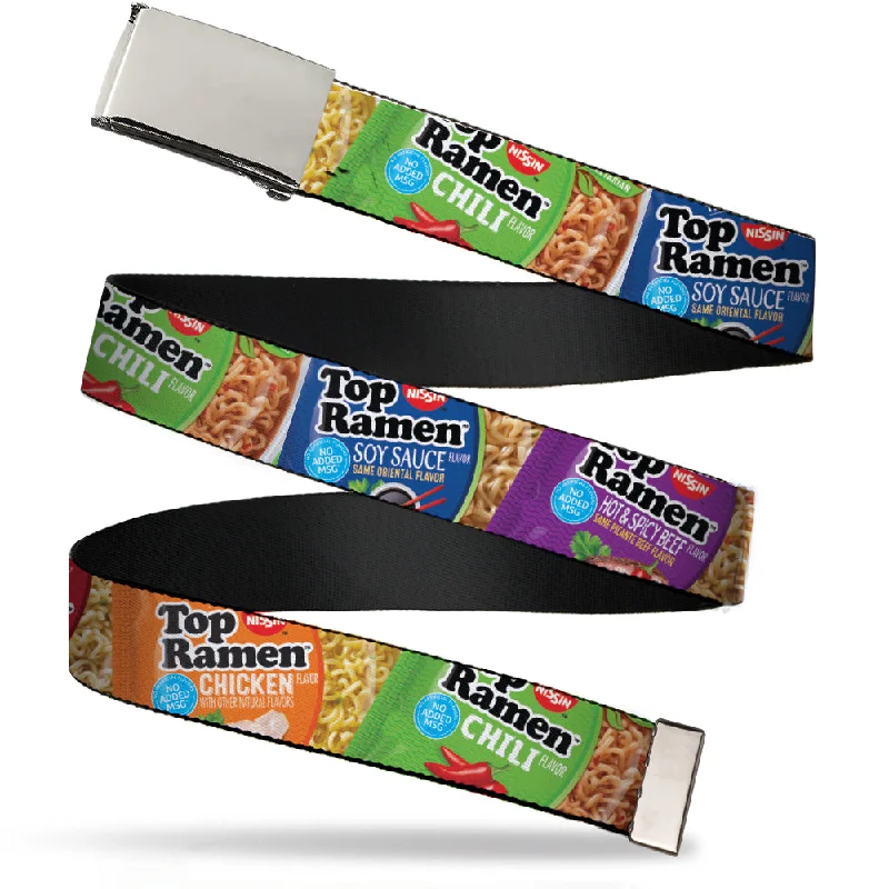 Rustic tan nylon buckle-Web Belt Blank Chrome Buckle - Top Ramen Vivid Flavor Packages Stacked Multi Color Webbing