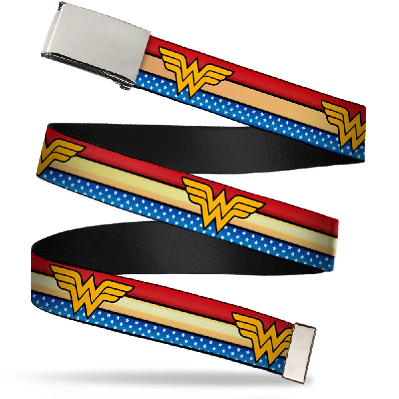 Minimalist gray suede buckle-Web Belt Blank Chrome Buckle - Wonder Woman Logo Stripe/Stars Red/Gold/Blue/White Webbing