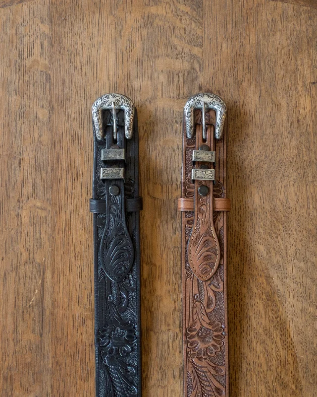 Minimalist gray leather buckle-Western Tooled Ranger Belt