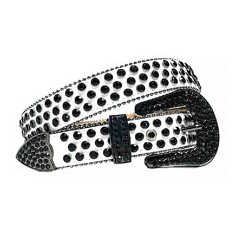 Modern matte gold belt-White Strap With Black Studded Rhinestone Belt