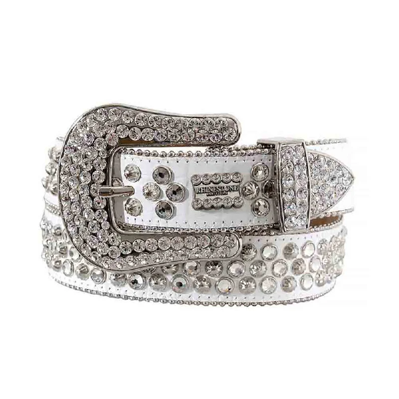 Modern black patent belt-White Strap With Crystal Studs Rhinestone Belt