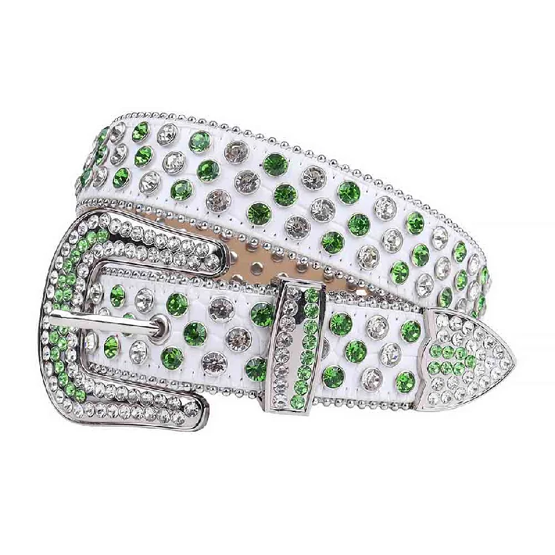 Modern matte silver belt-White Strap With Green & White Studded Rhinestone Belt