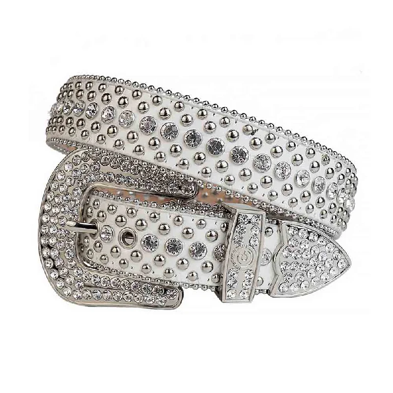 Modern silver buckle belt-White Strap With Transparent Crystals Studded Rhinestone Belt