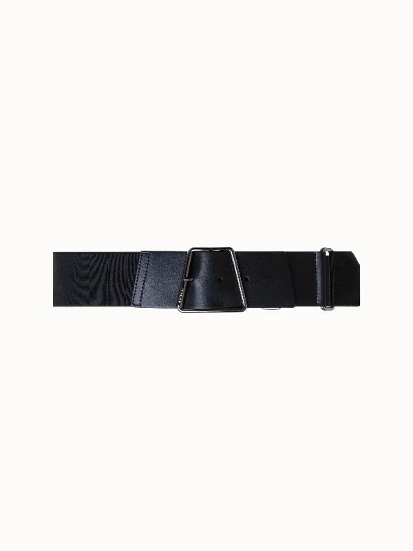 Minimalist white canvas belt-Wide Leather and Elastic Belt with Trapezoid Buckle