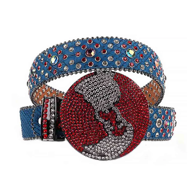 Contemporary nylon cargo belt-World Globe Blue Strap With Red & Transparent Studded Rhinestone Belt