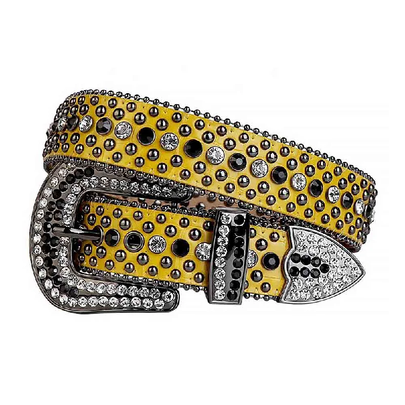 Rustic brown suede belt-Yellow Strap With Black & Transparent Studded Rhinestone Belt