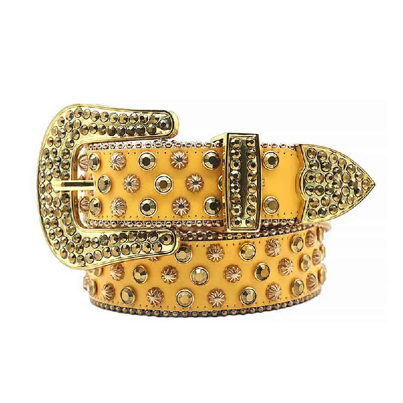 Unique reversible silver belt-Yellow Strap With Gold Studded Rhinestone Belt