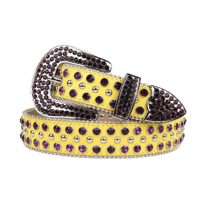 Unique brass braided buckle-Yellow Strap With Purple & Metal Studded Rhinestone Belt